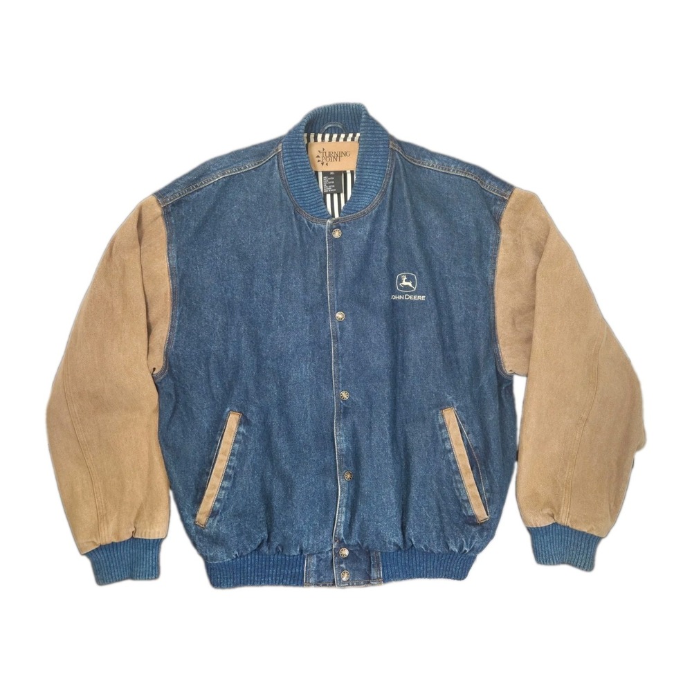 VTG Turning Point Denim Varsity Jean Bomber Jacket 90s Embroidered John Deere XL